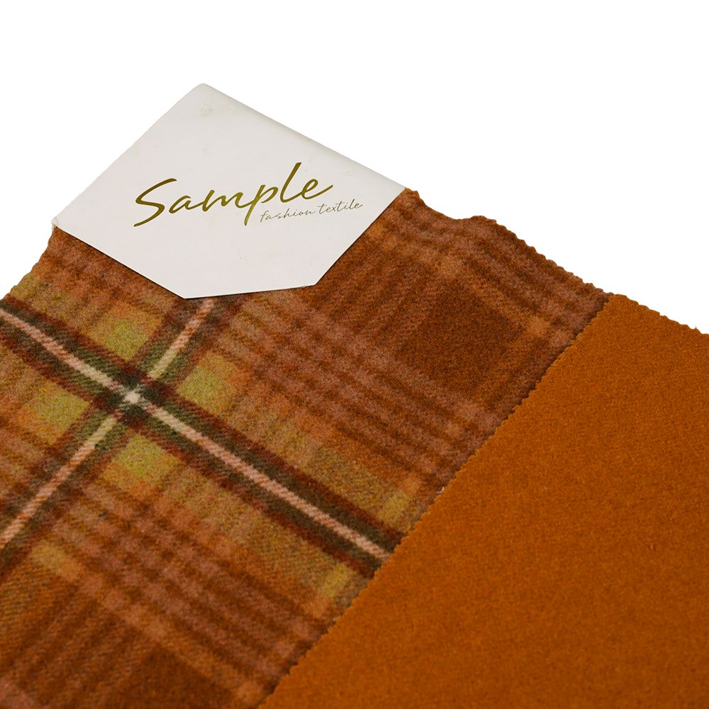 50% lã, 40% poliéster, 10% outras fibras, 860g/m, xadrez marrom e amarelo, tecido de veludo, ML-062142104
